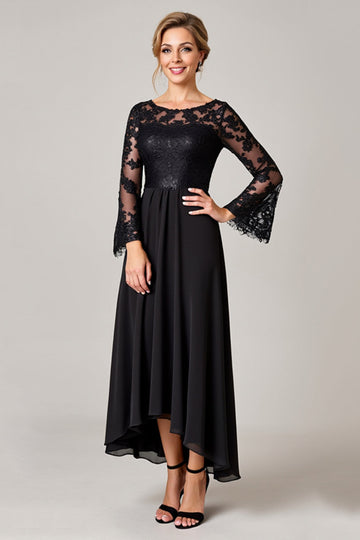 Black Lace Applique Long Mother of the Bride Dress with Long Sleeves